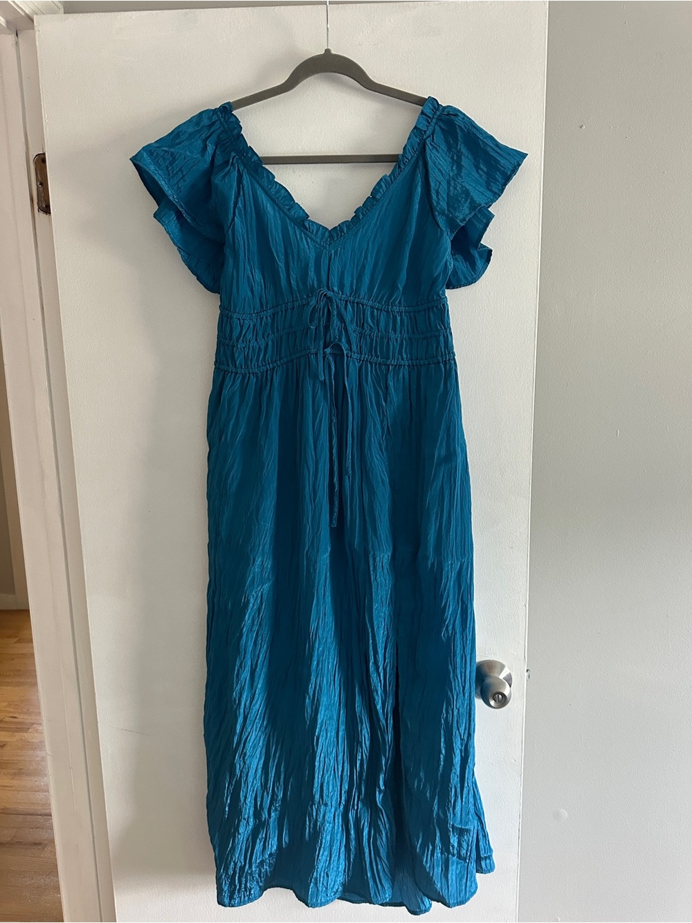 J. Crew Teal V-Neck Maxi with Flutter Sleeves